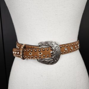 Leather Belt With Cow Hair, Rhinestones & Studs Size 26